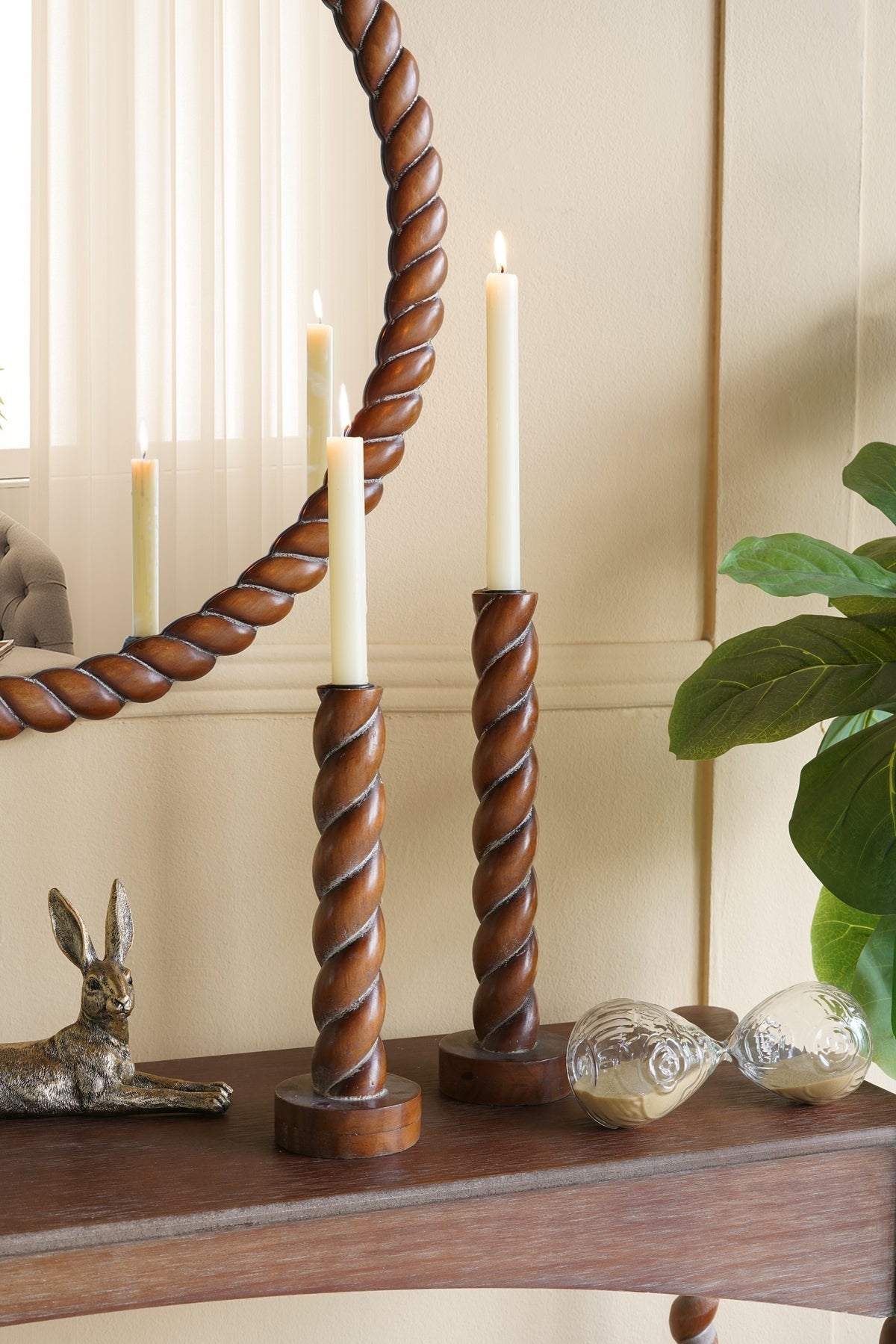 Brown Birch Wood Candle Holders with Spiral Design, Set of 2 - product image 2