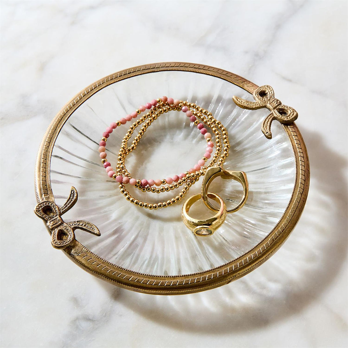 Antique Gold Finish Round Glass Trinket Tray with Bow Accent - product image 2