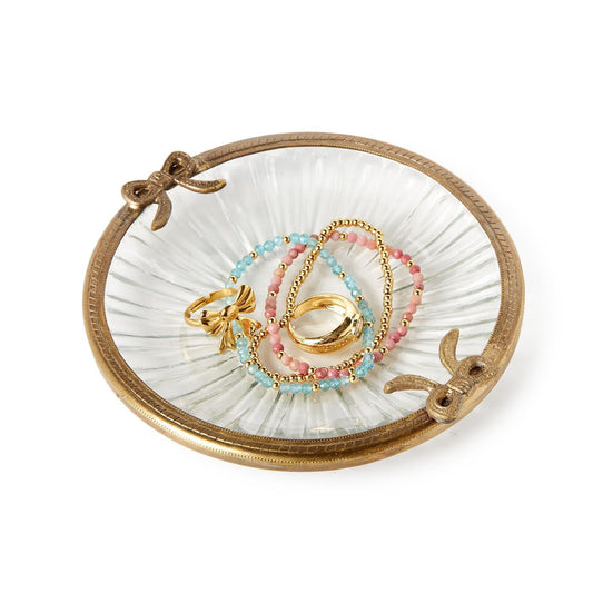 Antique Gold Finish Round Glass Trinket Tray with Bow Accent - product image 1