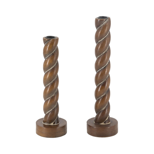 Brown Birch Wood Candle Holders with Spiral Design, Set of 2 - product image 1