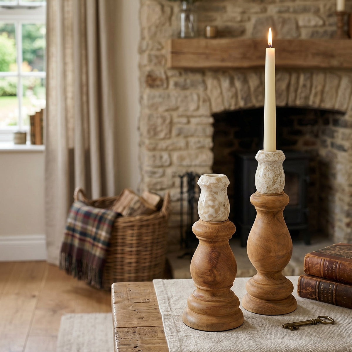 Teak Wood and Marble Candle Holder - product image 2